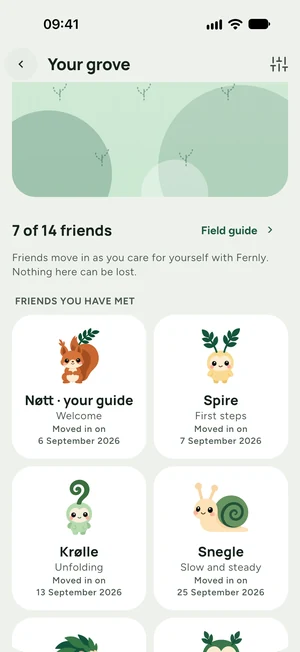 Fernly app screenshot of Your grove: illustrated woodland friends, such as Nøtt the squirrel and a snail, that move in as you care for yourself.